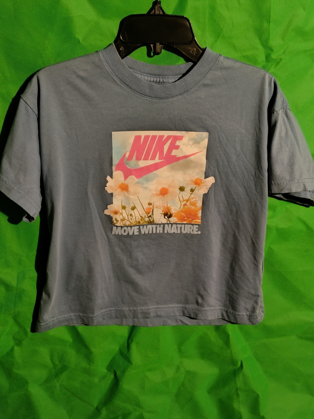 Nike Light Blue Tee with Pink Swoosh Floral Graphic